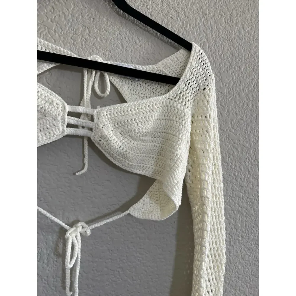 Tiger Mist XS Ivory Crochet Open Back Tie Long Sleeve Crop Top Festival #7407